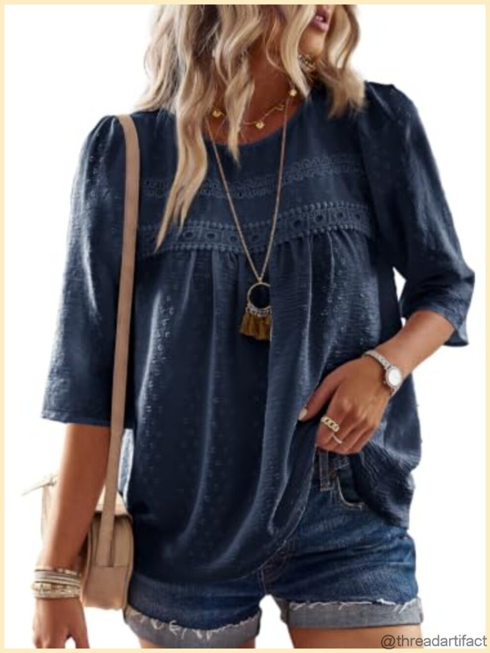 Womens Boho Crochet Lace 3/4 Sleeve Crew Neck Flowy Blouse